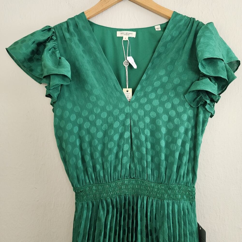 Max Studio Jade Green Pleated Satin Polka Dot Midi Dress NWT Flutter Sleeve Sm - Picture 6 of 12